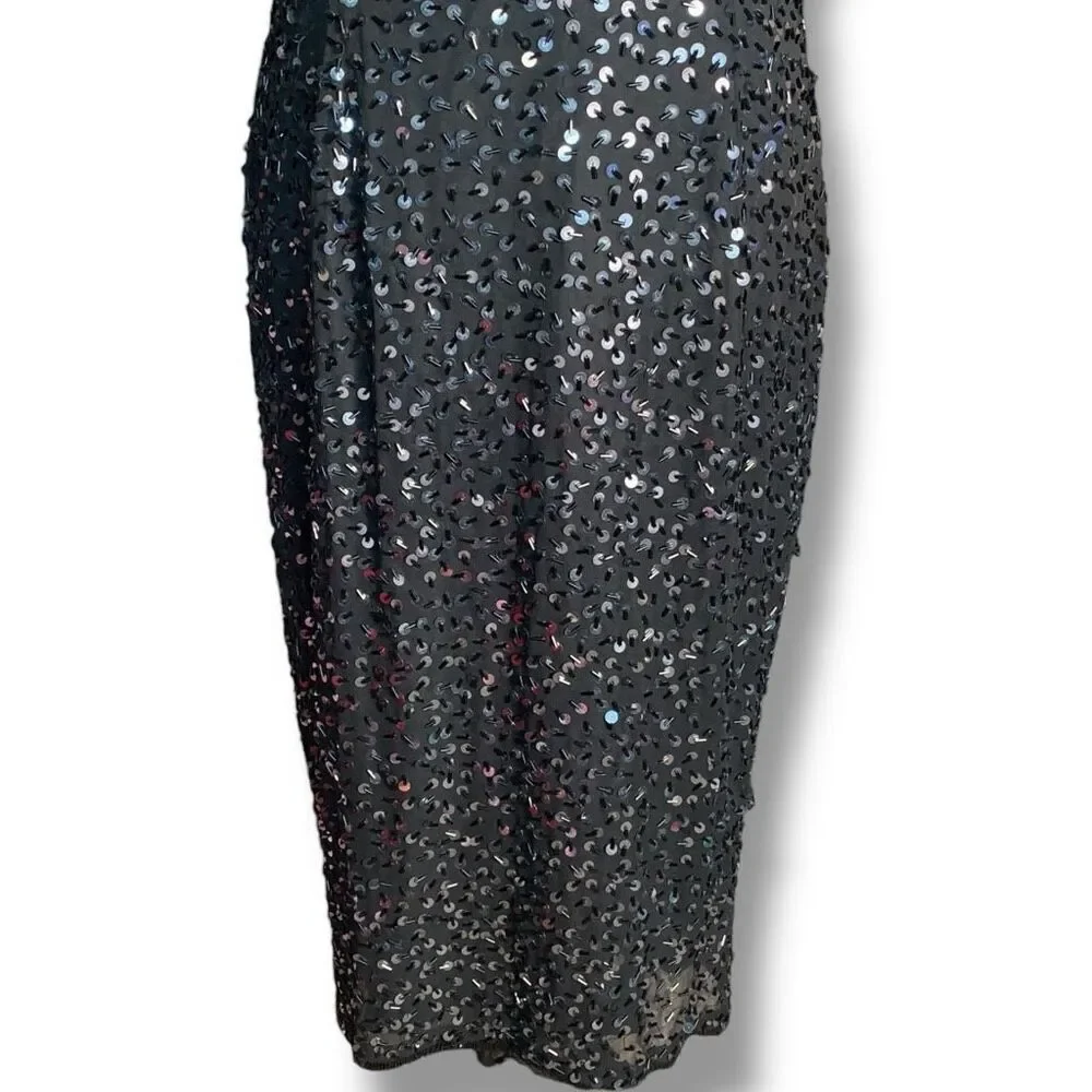 Vintage 80s Cocktail Dress Silk Black Metallic Sequin Fringe Hemmed Sleeve‎ 10